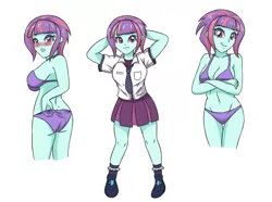 Size: 4900x3637 | Tagged: suggestive, artist:sumin6301, derpibooru import, sunny flare, equestria girls, absurd resolution, ass, belly button, big breasts, bikini, breasts, busty sunny flare, butt, clothes, crossed arms, female, looking at you, school uniform, schoolgirl, shoes, simple background, skirt, smiling, socks, solo, solo female, sunny flank, swimsuit, white background