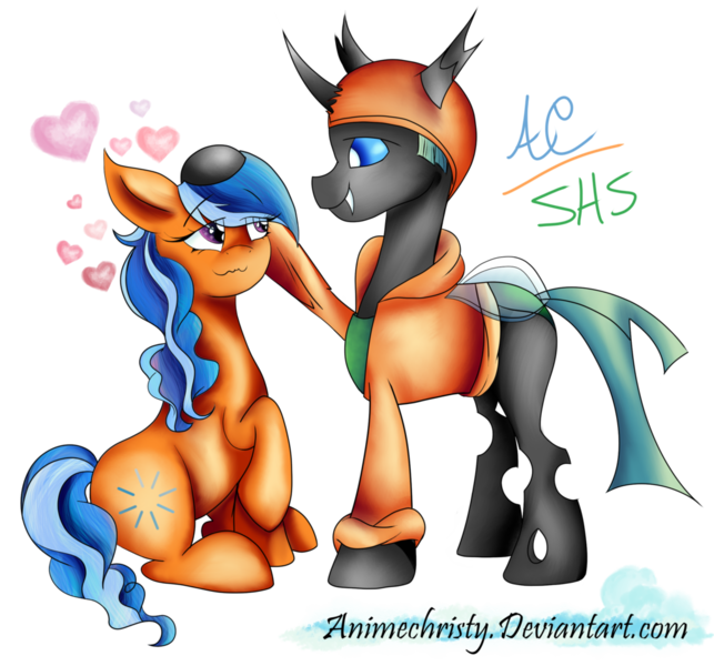 Size: 1024x956 | Tagged: artist:animechristy, changeling, changeling oc, derpibooru import, duo, fangs, female, hat, heart, male, mare, oc, oc:secret dreamer, oc:sketchy bughorse, safe, simple background, smiling, transparent background, unofficial characters only, wavy mouth