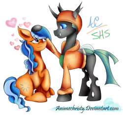Size: 1024x956 | Tagged: artist:animechristy, changeling, changeling oc, derpibooru import, duo, fangs, female, hat, heart, male, mare, oc, oc:secret dreamer, oc:sketchy bughorse, safe, simple background, smiling, transparent background, unofficial characters only, wavy mouth