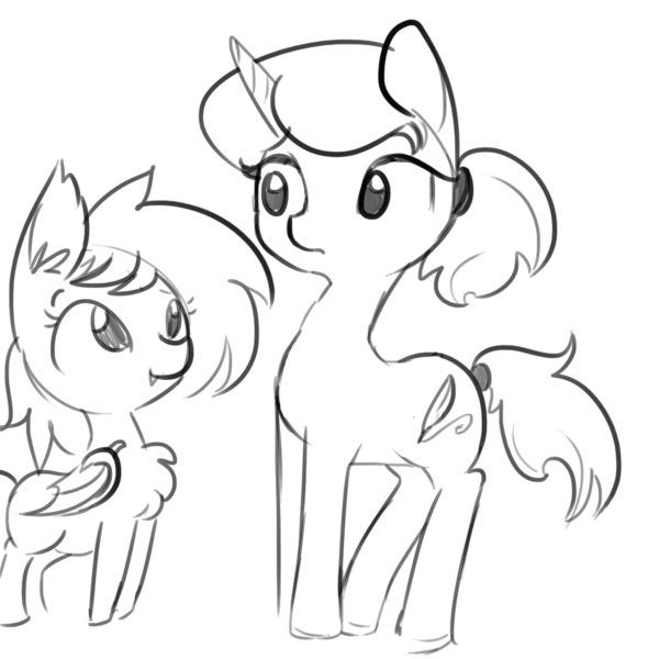 Size: 1080x1080 | Tagged: safe, artist:tjpones, derpibooru import, oc, oc:bet horse, oc:tol horse, unofficial characters only, bat pony, pony, unicorn, chest fluff, duo, ear fluff, grayscale, looking up, monochrome, ponytail, simple background, smiling, tail wrap, tall, white background