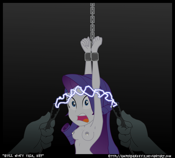 Size: 1802x1621 | Tagged: questionable, semi-grimdark, artist:ampersandxyz, derpibooru import, rarity, equestria girls, abuse, armpits, bondage, breasts, chained, chains, cuffed, electricity, female, femsub, handcuffed, image, imminent torture, jumper cables, looking at you, loose hair, nipple piercing, nipples, nudity, offscreen character, perky breasts, piercing, png, raribuse, rarisub, shackles, submissive, torture