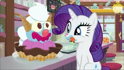 Size: 1920x1080 | Tagged: safe, derpibooru import, screencap, rarity, pony, forever filly, food, food looking at rarity, ice cream, ice cream shop, messy eating, rarity looking at food