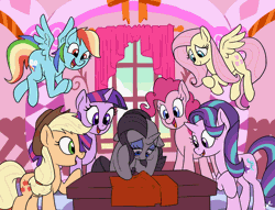 Size: 720x549 | Tagged: safe, artist:docwario, derpibooru import, applejack, fluttershy, pinkie pie, rainbow dash, rarity, starlight glimmer, twilight sparkle, earth pony, pegasus, pony, unicorn, animated, crying, delusion, delusional, depersonalization, depressed, derealization, fabric, female, gif, illusion, mane six, mannequin, mare, non-looping gif, reality ensues, sad, table
