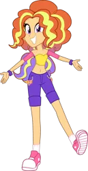 Size: 1748x3386 | Tagged: safe, artist:namygaga, derpibooru import, oc, oc:moderata bright, unofficial characters only, equestria girls, belly button, clothes, converse, grin, looking at you, magical lesbian spawn, offspring, parent:adagio dazzle, parent:sunset shimmer, parents:sunsagio, shoes, simple background, smiling, sneakers, solo, transparent background