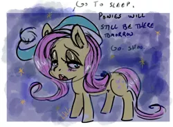 Size: 1486x1095 | Tagged: safe, artist:lavendire, derpibooru import, fluttershy, pony, hat, nightcap, sleepy, solo