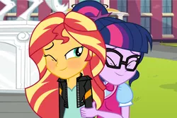 Size: 6000x4000 | Tagged: safe, artist:spottedlions, derpibooru import, sci-twi, sunset shimmer, twilight sparkle, equestria girls, spoiler:eqg specials, absurd resolution, bowtie, canterlot high, clothes, courtyard, eyes closed, female, glasses, hug, jacket, leather jacket, lesbian, necktie, one eye closed, portal, scitwishimmer, shipping, statue, sunsetsparkle