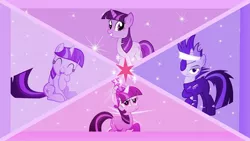 Size: 1440x810 | Tagged: safe, derpibooru import, edit, twilight sparkle, pony, unicorn, twilight time, big crown thingy, clothes, cute, eyes closed, female, frown, future twilight, glare, grin, headband, jewelry, laughing, lidded eyes, looking at you, mare, multeity, open mouth, raised hoof, regalia, sitting, smiling, smirk, standing, torn clothes, twiabetes, wallpaper, wallpaper edit