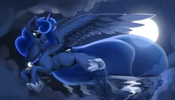 Size: 3790x2172 | Tagged: safe, artist:dimfann, derpibooru import, princess luna, alicorn, pony, city, female, flying, full moon, head turn, jewelry, looking back, looking down, majestic, mare, moon, night, regalia, scenery, solo, spread wings, wings