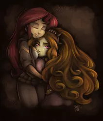 Size: 2200x2600 | Tagged: safe, artist:ponut_joe, derpibooru import, adagio dazzle, sunset shimmer, equestria girls, adoragio, antagonist, boob smothering, breast pillow, cuddling, cute, eyes closed, female, high res, hug, lesbian, looking at you, petting, shimmerbetes, shipping, smothering, sunsagio