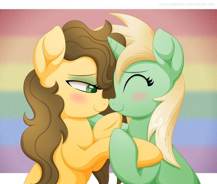 Size: 1200x1019 | Tagged: safe, artist:littlehybridshila, derpibooru import, oc, oc:ink splash, oc:shamrock serenade, unofficial characters only, pony, duo, female, lesbian