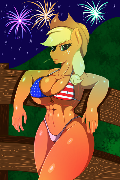 Size: 2000x3000 | Tagged: suggestive, artist:renegade-157, derpibooru import, applejack, anthro, earth pony, 4th of july, abs, american flag bikini, american independence day, amerijack, applejacked, big breasts, bikini, breasts, busty applejack, clothes, cowboy hat, female, fireworks, flag bikini, freckles, hat, holiday, huge breasts, image, independence day, mare, murica, muscles, png, solo, solo female, stetson, swimsuit, united states