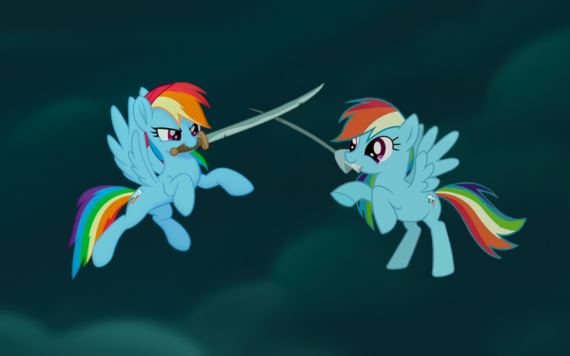 Size: 1280x800 | Tagged: safe, derpibooru import, edit, edited screencap, screencap, rainbow dash, pegasus, pony, may the best pet win, my little pony: the movie, bandana, cute, dashabetes, duality, female, fencing, mare, mouth hold, pirate rainbow dash, self ponidox, solo, sword, weapon