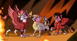 Size: 1600x850 | Tagged: safe, artist:goldy--gry, derpibooru import, gryphon, fire, flower, griffonized, marco diaz, species swap, star butterfly, star vs the forces of evil, tom lucitor, underworld, wand