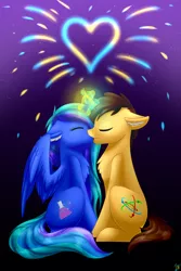 Size: 1024x1536 | Tagged: safe, artist:whitehershey, derpibooru import, oc, unofficial characters only, alicorn, pony, unicorn, alicorn oc, female, fireworks, glowing horn, kissing, male, mare, oc x oc, shipping, stallion