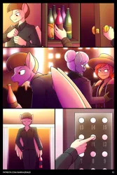 Size: 4200x6300 | Tagged: absurd resolution, alcohol, alternate hairstyle, anthro, apple bloom, artist:marik azemus34, bun, comic, comic:peeping tom, cowboy hat, derpibooru import, elevator, featherweight, glasses, hat, safe, silver spoon, wine