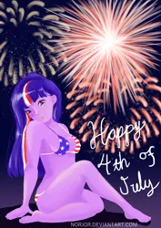 Size: 4961x7016 | Tagged: 4th of july, absurd resolution, artist:norjor, bikini, breasts, clothes, derpibooru import, female, fireworks, flag bikini, holiday, human, humanized, looking at you, night, pony coloring, solo, solo female, suggestive, swimsuit, twilight sparkle, united states