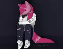 Size: 1024x790 | Tagged: air force one, anarchy, anthro, artist:itzdatag0ndray, clothes, derpibooru import, ear fluff, eyes closed, japanese, nike, painting, pinkamena diane pie, pinkie pie, safe, shoes, simple background, sitting, sneakers, solo, thinking, waiting