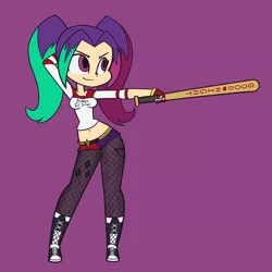Size: 1800x1800 | Tagged: safe, artist:khuzang, derpibooru import, aria blaze, equestria girls, rainbow rocks, baseball bat, belly button, breasts, busty aria blaze, clothes, crossover, dc comics, female, fishnets, harley quinn, midriff, pants, pantyhose, purple background, shirt, simple background, smiling, solo