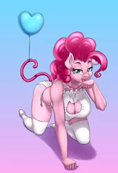 Size: 500x729 | Tagged: suggestive, artist:pia-sama, derpibooru import, pinkie pie, anthro, plantigrade anthro, adorasexy, balloon, bedroom eyes, big breasts, boob window, bra, breasts, busty pinkie pie, cat keyhole bra set, cat lingerie, cat tail, cleavage, clothes, crawling, crop top bra, cute, diapinkes, female, frilly underwear, heart balloon, licking, lingerie, looking at you, mare, panties, seductive pose, sexy, side knot underwear, socks, solo, solo female, stupid sexy pinkie, thigh highs, tongue out, underwear, white underwear