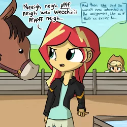 Size: 1080x1080 | Tagged: safe, artist:tjpones, derpibooru import, applejack, sunset shimmer, horse, equestria girls, bilingual, bridle, cute, dialogue, frown, gossip, homesick shimmer, horse noises, humans doing horse things, leaning, lidded eyes, open mouth, raised eyebrow, tack, translation, unamused