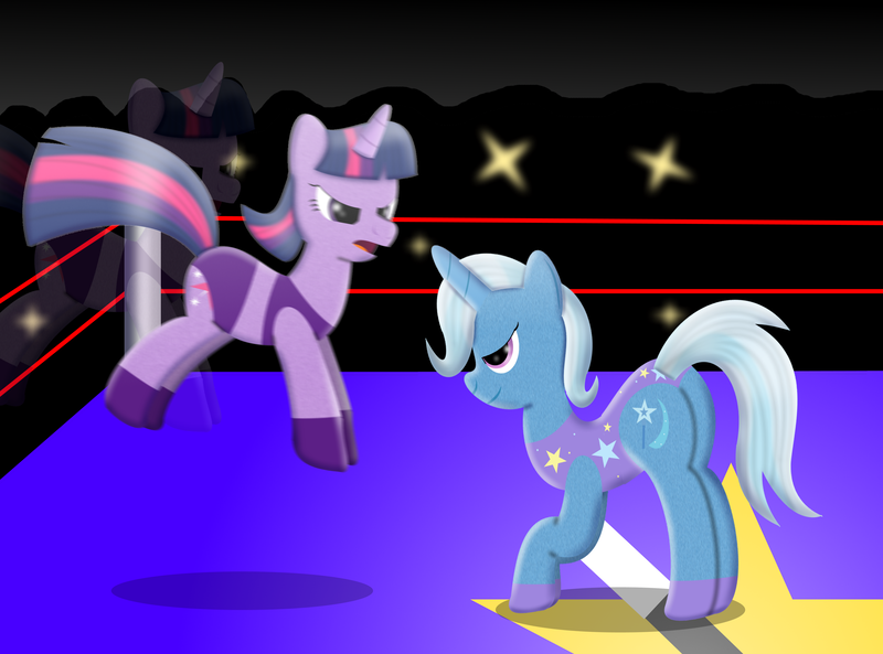 Size: 2826x2094 | Tagged: suggestive, artist:trackheadtherobopony, derpibooru import, trixie, twilight sparkle, pony, unicorn, clothes, female, leotard, mare, wrestling