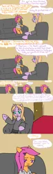 Size: 2400x7800 | Tagged: safe, derpibooru import, scootaloo, oc, oc:psyche, pony, comic:ask motherly scootaloo, absurd resolution, clothes, comic, couch, motherly scootaloo, psyche-phd, sweatshirt, therapist