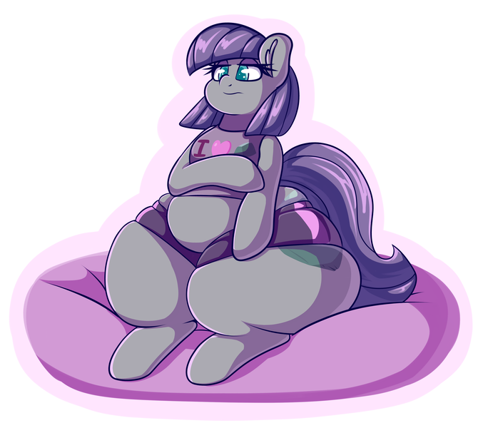 Size: 3440x3050 | Tagged: suggestive, artist:graphenescloset, derpibooru import, maud pie, earth pony, pony, chubby, clothes, fat, female, mare, maud pudge, maudabetes, simple background, sitting, solo, thunder thighs