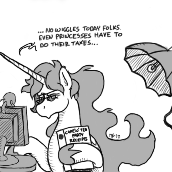 Size: 1280x1280 | Tagged: safe, artist:plifos, derpibooru import, princess celestia, pony, binder, glasses, grayscale, lightbulb, monitor, monochrome, solo, webcam