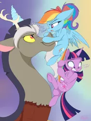 Size: 3786x5024 | Tagged: safe, artist:mistydash, derpibooru import, discord, rainbow dash, twilight sparkle, pegasus, pony, absurd resolution, bow, hair bow, looking at each other, tail hold, trio