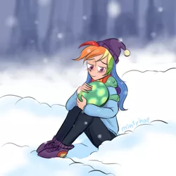 Size: 708x708 | Tagged: artist:mintyhap, beanie, blushing, clothes, derpibooru import, female, hat, hug, human, humanized, rainbow dash, safe, scarf, scene interpretation, snow, tank, tanks for the memories, winter