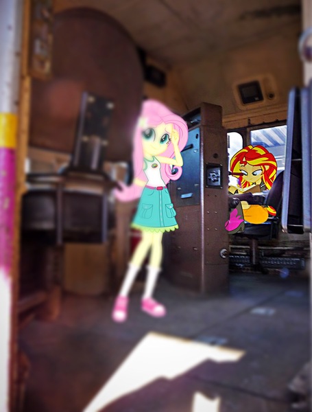 Size: 862x1136 | Tagged: safe, derpibooru import, fluttershy, sunset shimmer, equestria girls, equestria girls in real life, irl, locomotive, photo