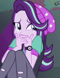 Size: 256x331 | Tagged: safe, derpibooru import, screencap, starlight glimmer, equestria girls, mirror magic, spoiler:eqg specials, animated, female, gif, hand over mouth, hat, out of context, scaredy glimmer