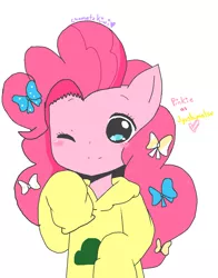 Size: 964x1228 | Tagged: safe, artist:chametzkiwi, derpibooru import, pinkie pie, pony, blush sticker, blushing, bow, clothes, cosplay, costume, heart, jyushimatsu, one eye closed, simple background, smiling, solo, starry eyes, sweater, white background, wingding eyes, wink