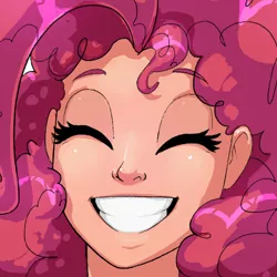 Size: 654x654 | Tagged: artist:oughta, beautiful, bust, derpibooru import, eyes closed, female, grin, happy, human, humanized, pinkie pie, portrait, safe, smiling, solo