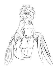 Size: 2639x3280 | Tagged: anthro, artist:ralek, bra, breasts, clothes, derpibooru import, ear piercing, gauges, hands in pockets, large wings, midriff, monochrome, oc, oc:sapphire sights, pegasus, piercing, safe, shorts, sketch, small breasts, underwear, unofficial characters only, wings