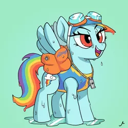 Size: 4800x4800 | Tagged: safe, artist:docwario, derpibooru import, rainbow dash, pegasus, pony, absurd resolution, clothes, cute, dashabetes, female, goggles, hat, inflatable, mare, simple background, smiling, solo, swimming cap, swimsuit, water wings, whistle