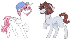 Size: 1093x617 | Tagged: safe, artist:shiromidorii, derpibooru import, oc, oc:aiden, unofficial characters only, alicorn, earth pony, pony, accessory theft, cap, female, hat, male, mare, simple background, stallion, tongue out, transparent background