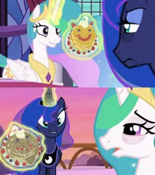 Size: 910x1024 | Tagged: safe, derpibooru import, screencap, princess celestia, princess luna, pony, a royal problem, bags under eyes, deja vu, food, frown, jewelry, luna is not amused, magic, pancakes, regalia, smiling, you tried