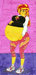 Size: 3192x6524 | Tagged: suggestive, artist:metaldudepl666, derpibooru import, sunset shimmer, equestria girls, absurd resolution, belly, big belly, blushing, breasts, busty sunset shimmer, clothes, colored background, female, fetish, leggings, lip bite, pregnant, shoes, sneakers, sneakers fetish, solo, solo female, traditional art