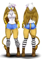 Size: 2150x3035 | Tagged: safe, artist:pia-sama, derpibooru import, gilda, anthro, gryphon, plantigrade anthro, ass, biceps, big breasts, boots, breasts, busty gilda, butt, clothes, commission, daisy dukes, female, front view, gildonk, hamstrings, image, legs, looking at you, muscles, muscular female, png, quadriceps, rear view, shoes, shorts, simple background, socks, solo, striped socks, stupid sexy gilda, tanktop, thighs, tight clothing, white background