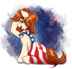 Size: 989x950 | Tagged: safe, artist:confetticakez, derpibooru import, oc, oc:raven sun, unofficial characters only, pony, 4th of july, american flag, american independence day, cape, clothes, fireworks, holiday, independence day, patriotism, salute, sitting, solo, united states