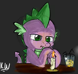 Size: 766x732 | Tagged: artist:zeezou2, candle, crying, derpibooru import, dragon, drawpile, drink, gray background, male, sad, safe, simple background, solo, spike