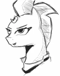 Size: 678x867 | Tagged: safe, artist:arcanelexicon, derpibooru import, tempest shadow, pony, unicorn, my little pony: the movie, broken horn, bust, female, horn, mare, monochrome, portrait, solo