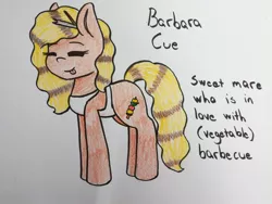 Size: 1280x960 | Tagged: safe, artist:ask-mystery-pony, derpibooru import, oc, oc:barbara cue, unofficial characters only, earth pony, pony, 30 minute art challenge, apron, clothes, pony only, raspberry, solo, tongue out, traditional art