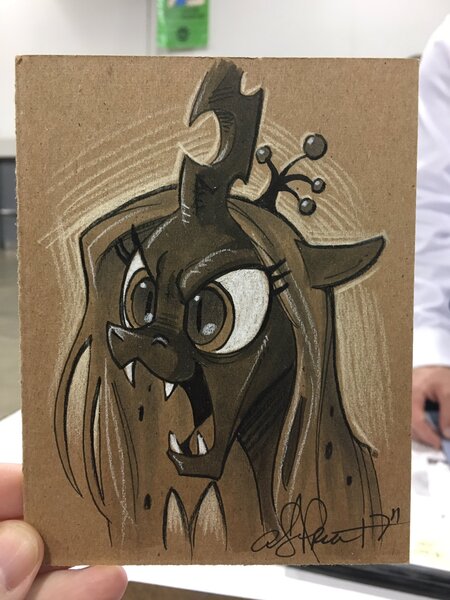 Size: 1536x2048 | Tagged: artist:andypriceart, changeling, colored pencil drawing, derpibooru import, monochrome, open mouth, queen chrysalis, safe, solo, traditional art