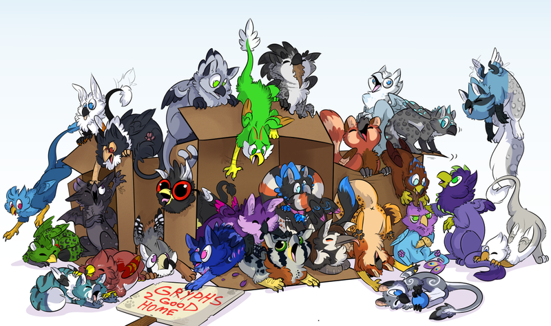 Size: 1246x738 | Tagged: safe, artist:stupidshepherd, derpibooru import, oc, oc:arith, oc:der, oc:gyro feather, oc:gyro tech, oc:kranos wildtalon, oc:saewin, unofficial characters only, gryphon, pony, box, crossed arms, flying, foal, glasses, griffonized, group, pony in a box, prone, sign, simple background, sitting, sleeping, species swap, white background