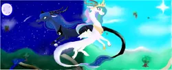 Size: 1525x624 | Tagged: artist:mr100dragon100, celestequus, dark, day, derpibooru import, draconequified, draconequus, light, lunequus, moon, night, princess celestia, princess luna, safe, species swap, sun