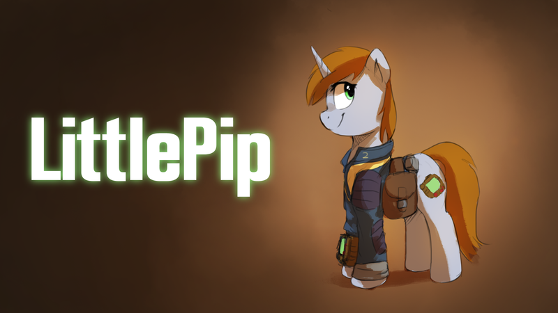 Size: 2439x1372 | Tagged: safe, artist:anticular, derpibooru import, oc, oc:littlepip, unofficial characters only, pony, unicorn, fallout equestria, fallout equestria illustrated, fanfic, clothes, cutie mark, fanfic art, female, gradient background, hooves, horn, mare, pipbuck, saddle bag, smiling, solo, text, vault suit