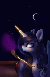 Size: 1245x1923 | Tagged: safe, artist:rappy-yum, derpibooru import, oc, unofficial characters only, pony, unicorn, black mane, female, magic, mare, night, solo, white coat