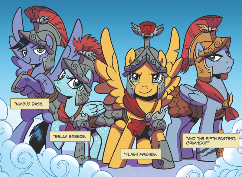 Size: 850x622 | Tagged: safe, artist:brendahickey, derpibooru import, idw, bella breeze, flash magnus, grimhoof, nimbus dash, pegasus, pony, legends of magic, spoiler:comic, spoiler:comiclom4, armor, cape, clothes, cloud, cloudsdale, eye scar, female, helmet, male, mare, official comic, quartet, royal legion, scar, spread wings, stallion, wings